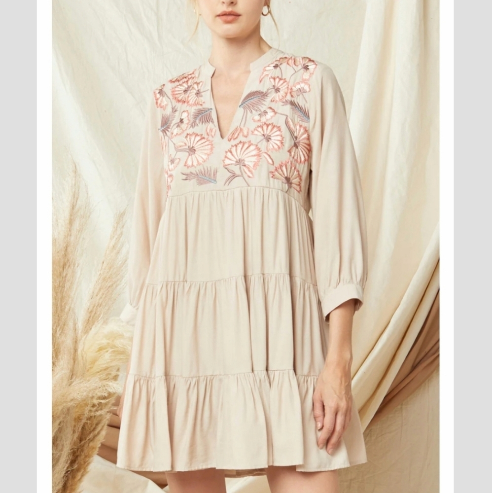 NWT Entro Boho Embroidered Babydoll Dress Khaki Color Size S